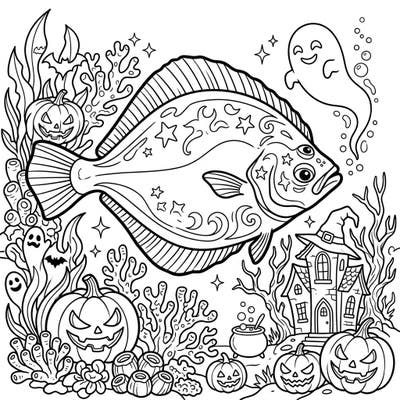 Discover a unique underwater Halloween scene with our Flatfish coloring page, blending marine life with spooky season fun. Perfect for those who love both ocean creatures and festive frights!