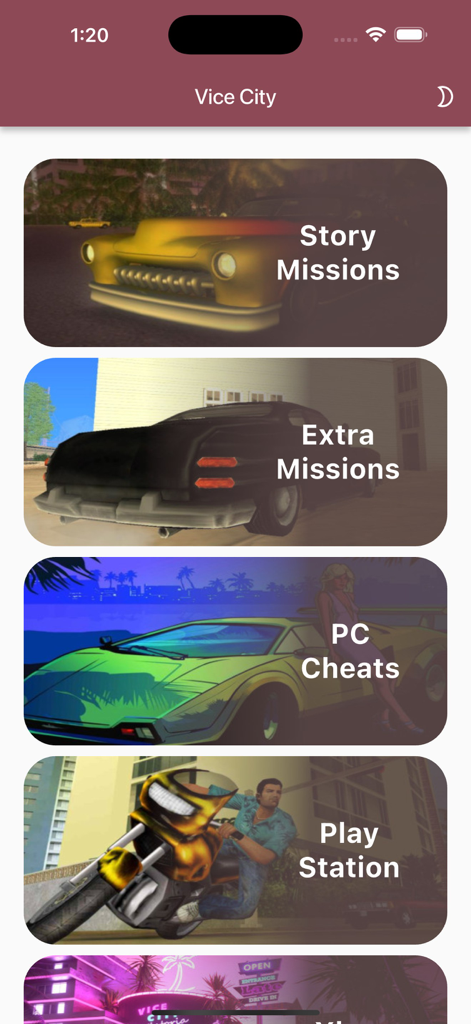 GTA Vice City cheat codes app main screen with mission and console categories