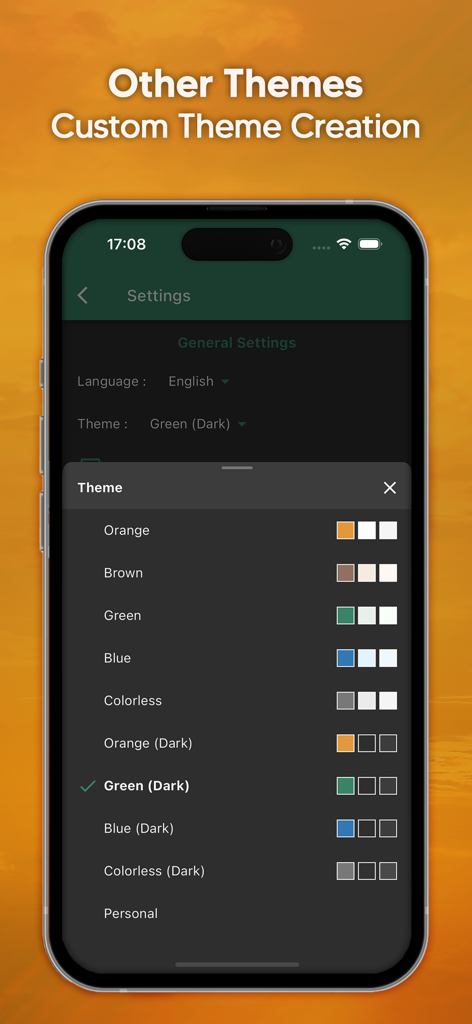 Interface of the Quran and Tafsir ASR-I SAADET app showing various color theme options and customization settings.