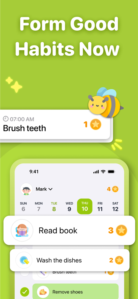 Neat Kid app interface showing a kids chore list with star rewards for building good habits