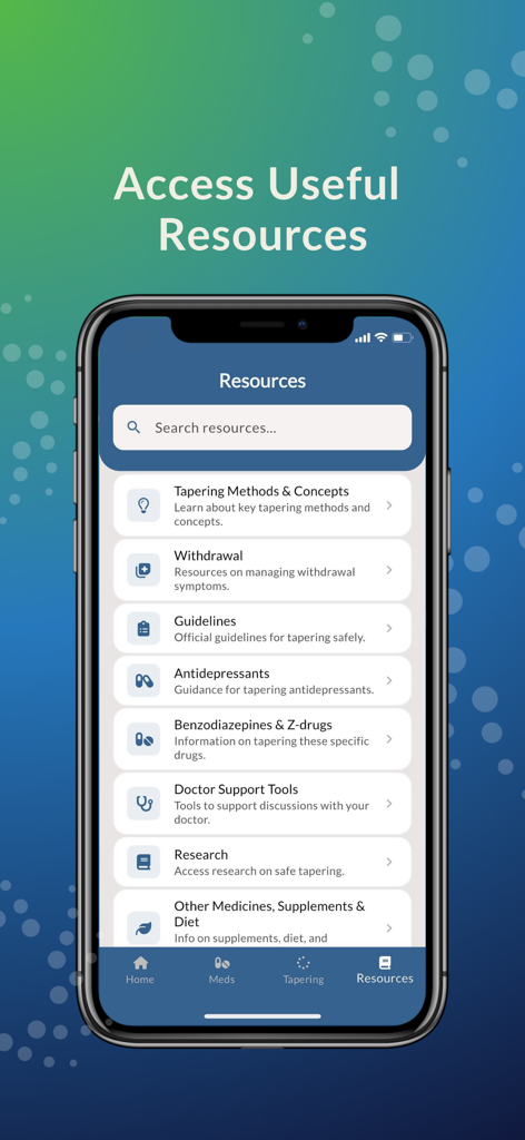 TaperMate - TaperMate app screen showing a library of medical resources for safe medication tapering and withdrawal support