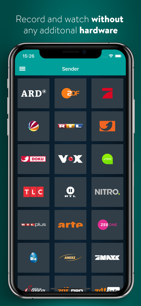 Ein Raster mit deutschen Fernsehsender-Logos auf der Benutzeroberfläche der YouTV-App
