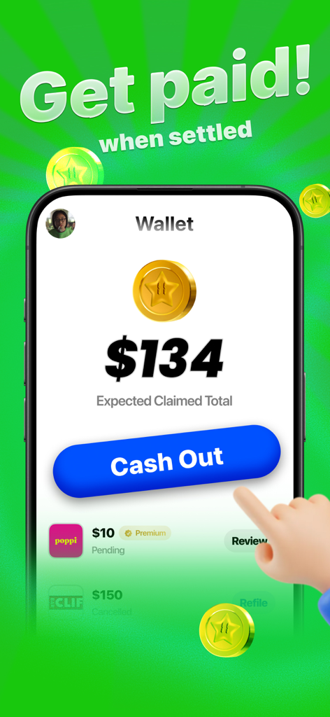 예상되는 합의금 지급액과 현금 인출 버튼을 보여주는 클레임 앱 지갑 인터페이스