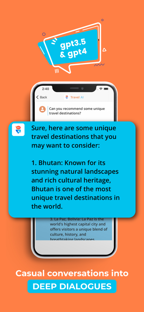 Travel AI - Chatbot - Interfaz de Travel AI Chatbot recomendando destinos de viaje únicos utilizando GPT-3.5 y GPT-4