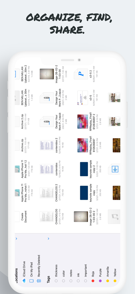 Good PDF Notebookアプリのファイル管理インターフェイス。タグとクラウドの場所で整理されたドキュメントが表示されています。