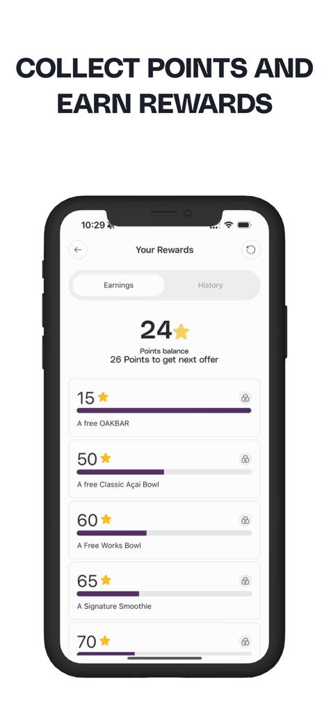 OAKBERRY CA - Oakberry CAモバイルアプリのインターフェース。無料アサイーボウル獲得のためのポイントが表示されたロイヤルティ特典プログラム。