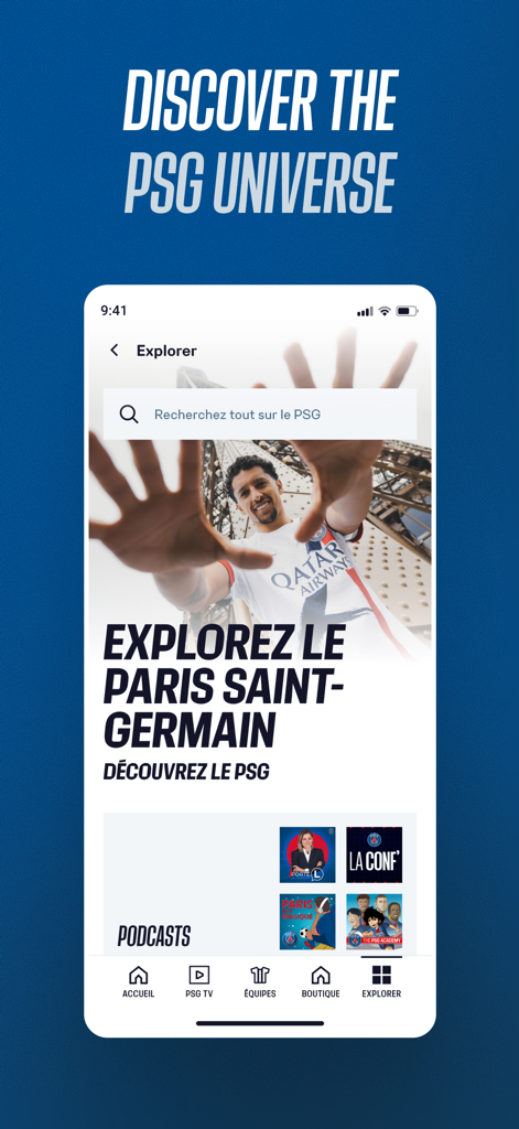 PSG Official - Interface of the PSG Official app explorer section featuring player photo and podcast recommendations