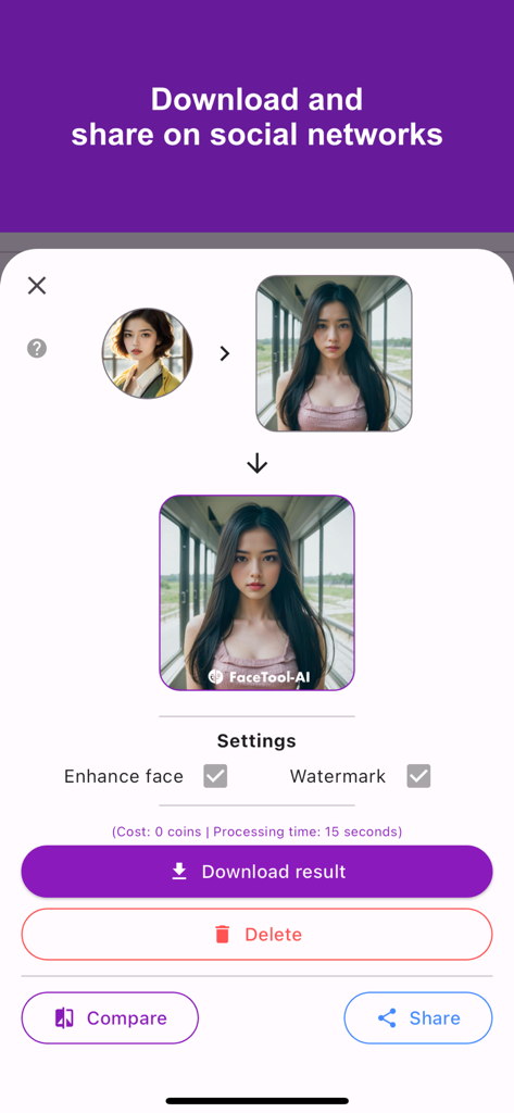 Interface do aplicativo FaceTool mostrando uma troca de rosto bem-sucedida com opções para download e compartilhamento
