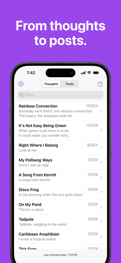 Gibberish Writer - A mobile screen showing a list of draft entries in the Thoughts tab of the Gibberish Writer app