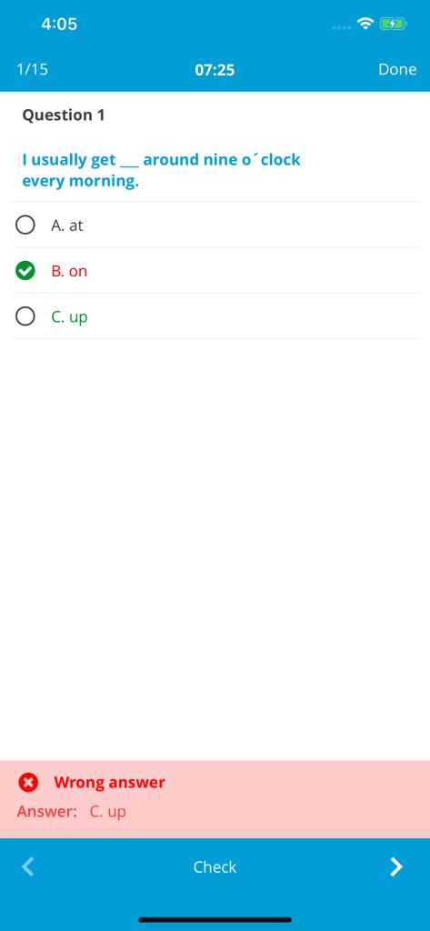 English Phrasal Verbs in Use - A multiple choice quiz question for learning English phrasal verbs with feedback on a mobile app