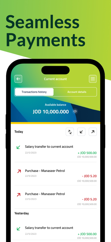 BOJ Mobile - بنك الأردن - BOJ Mobile app screen showing current account balance and transaction history in Jordanian Dinars.