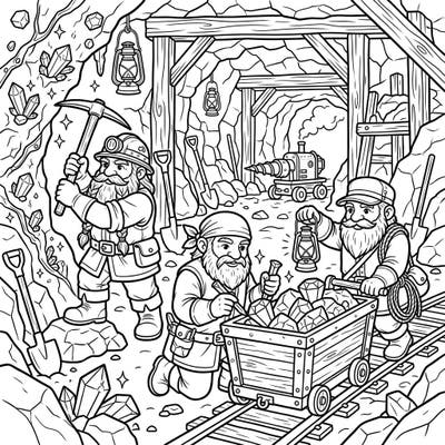 Journey deep into the earth with our captivating Dwarf Miners coloring page, specially designed for teens. Discover a bustling mine filled with busy dwarves, sparkling gems, and intricate details waiting for your artistic touch.