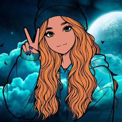 a teenage girl in a beanie, oversized sweatshirt, wavy long hair, and is showing a ✌️