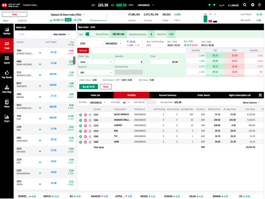 SAB Invest Tablet Trading App - Panel de la aplicación de trading en tablet SAB Invest que muestra la lista de seguimiento de acciones y el resumen de la cuenta.