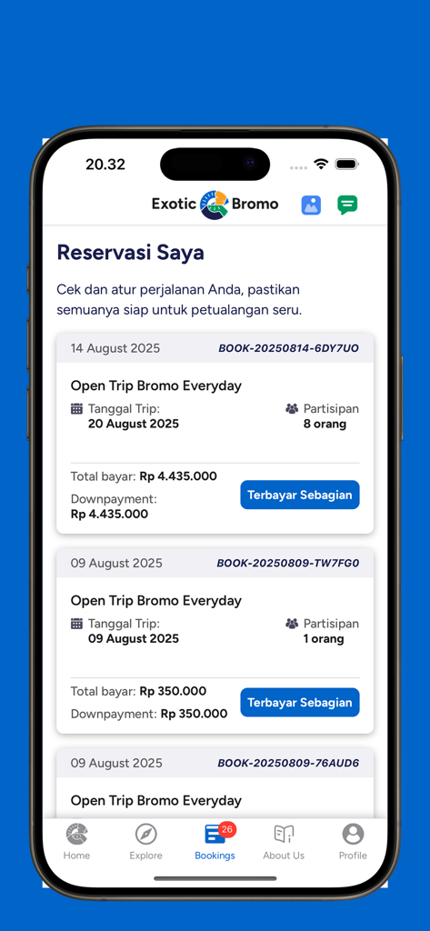 Exotic Bromo - The My Reservations screen of the Exotic Bromo mobile app showing a list of booked tours to Mount Bromo