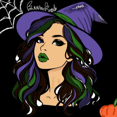 realistic witch girl with wavy hair and lips