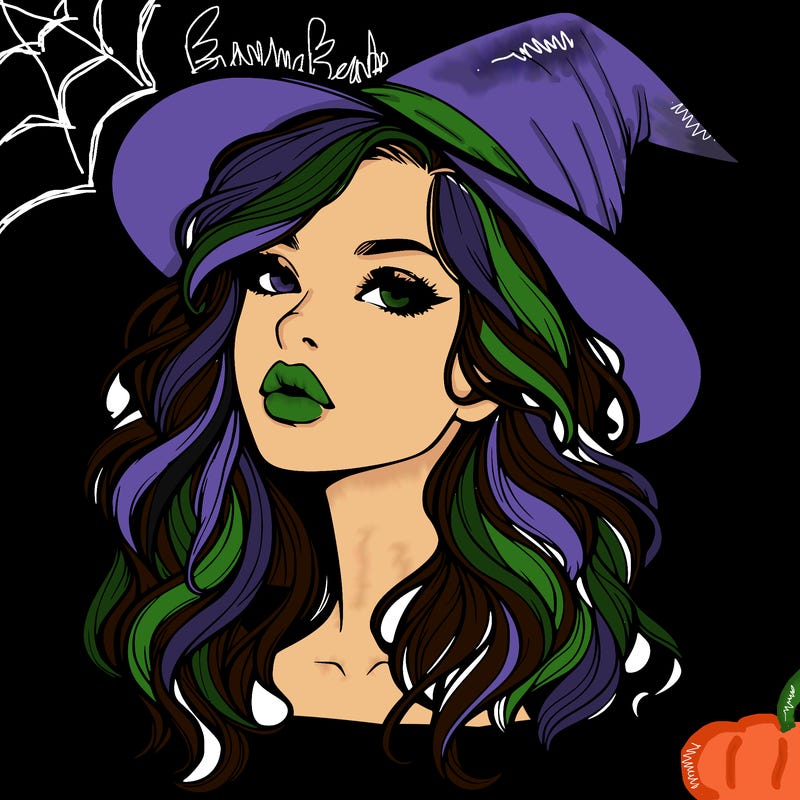 realistic witch girl with wavy hair and lips