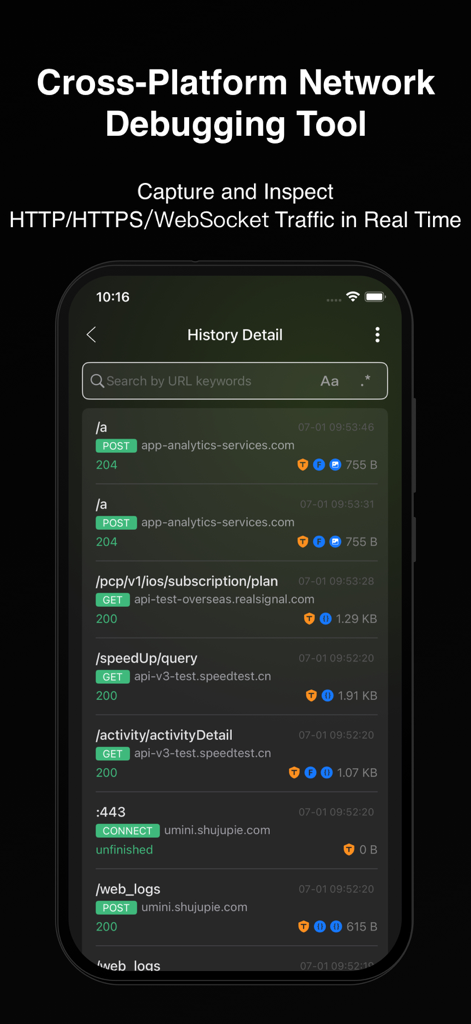Packet Capture Pro: HTTPS - Interfaz de aplicación móvil mostrando una lista de solicitudes de red HTTP y HTTPS capturadas con códigos de estado