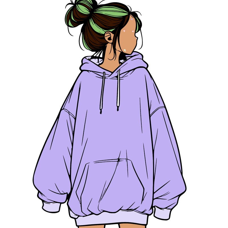 realistic girl with a oversized sweatshirt on and a bun