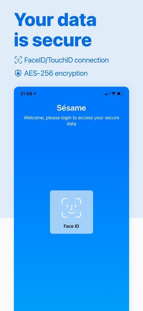 Sésame secure Password Manager - Schermata di accesso di Sésame Secure Password Manager con autenticazione FaceID e dettagli sulla crittografia AES-256