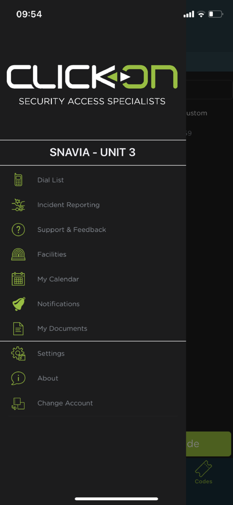 ClickOn Connect - ClickOn Connect mobile app side menu showing estate management features like incident reporting and facilities