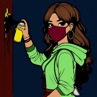realistic girl with mask spray painting a wall