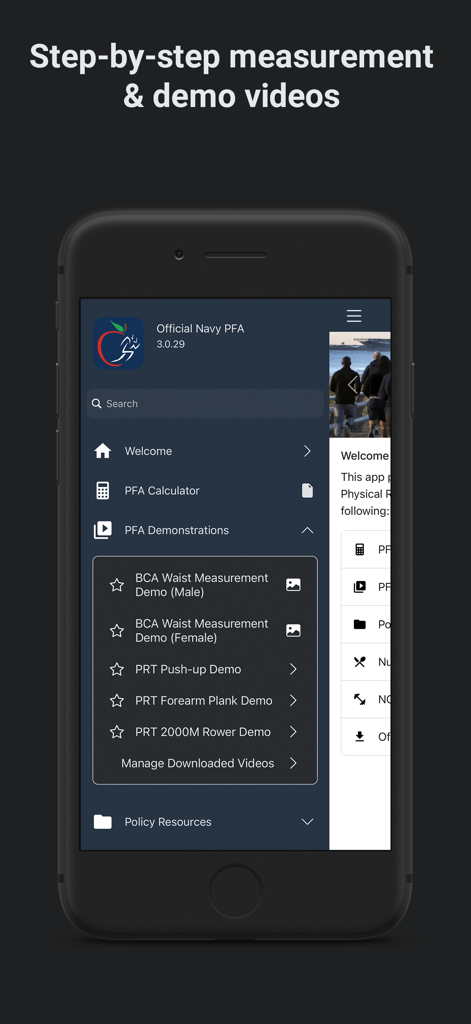 Official Navy PFA - Menu of the Official Navy PFA app displaying step-by-step physical readiness test demonstration videos.