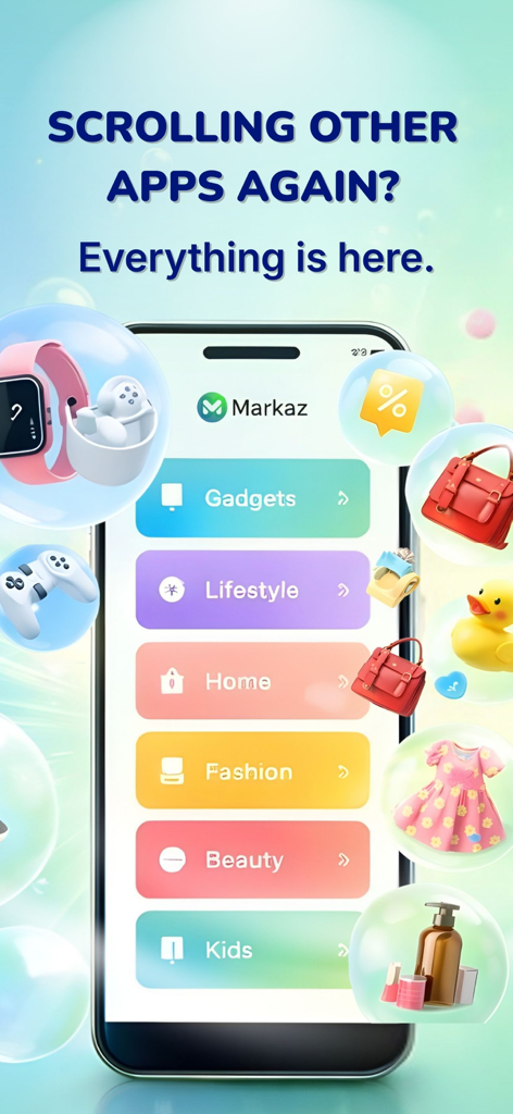 Markaz: Online Shopping & Earn - Markaz 앱 인터페이스, 가젯, 라이프스타일, 패션, 뷰티 등 제품 카테고리 표시