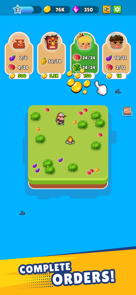 Pocket Land gameplay interface showing a character farming on an island and completing customer orders for gold rewards.