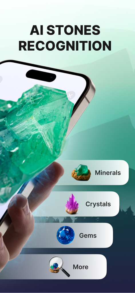 Rock Finder: Stone Identifier - A smartphone screen displaying AI stone recognition features for minerals crystals and gems
