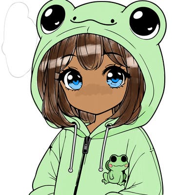 cute realistic girl in a froggy hoodie