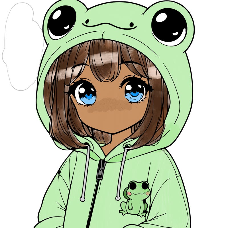 cute realistic girl in a froggy hoodie