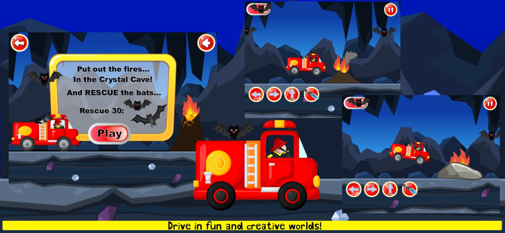Gameplay showing a fire truck mission to rescue bats in a crystal cave.