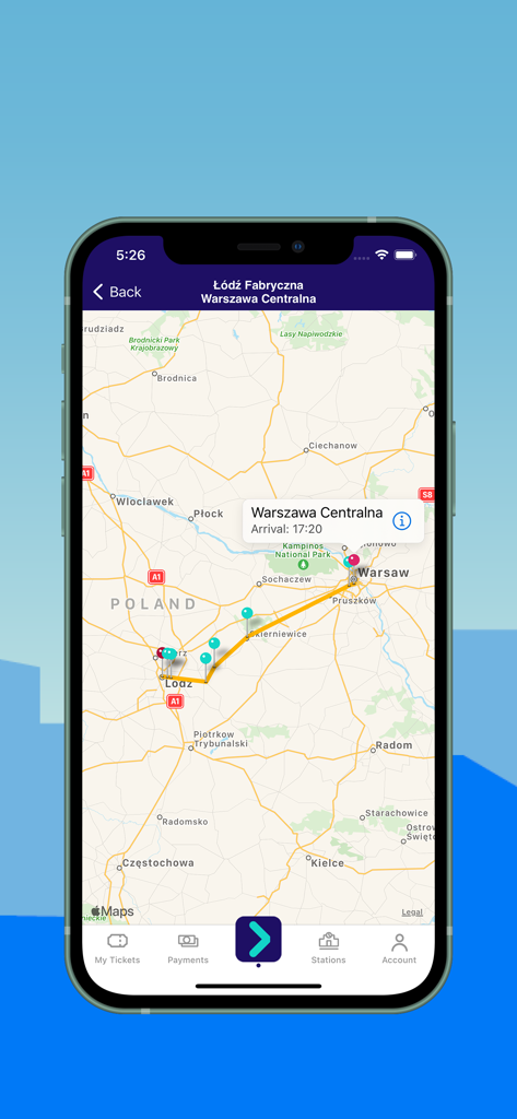 Interactive map in the KOLEO app showing a train route from Lodz to Warsaw Central