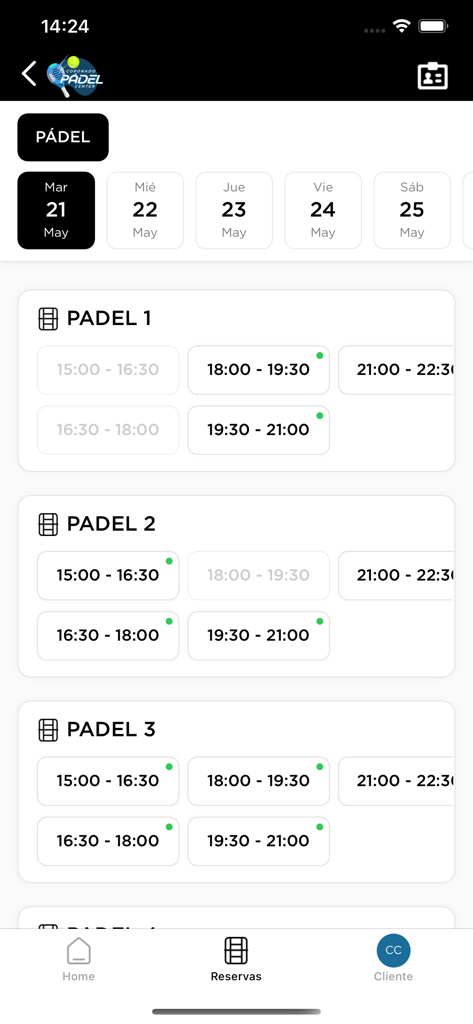 Coronado Padel Center - Pantalla de la app Coronado Padel Center que muestra horarios y disponibilidad de reservas de pistas