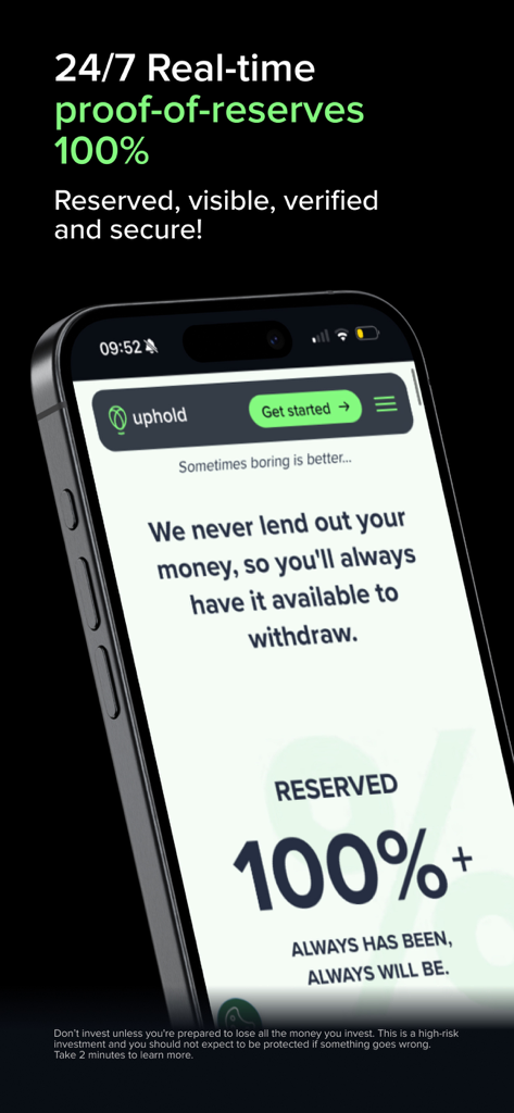 Interfaz de la aplicación Uphold que destaca los fondos 100% reservados y la prueba de reservas en tiempo real.