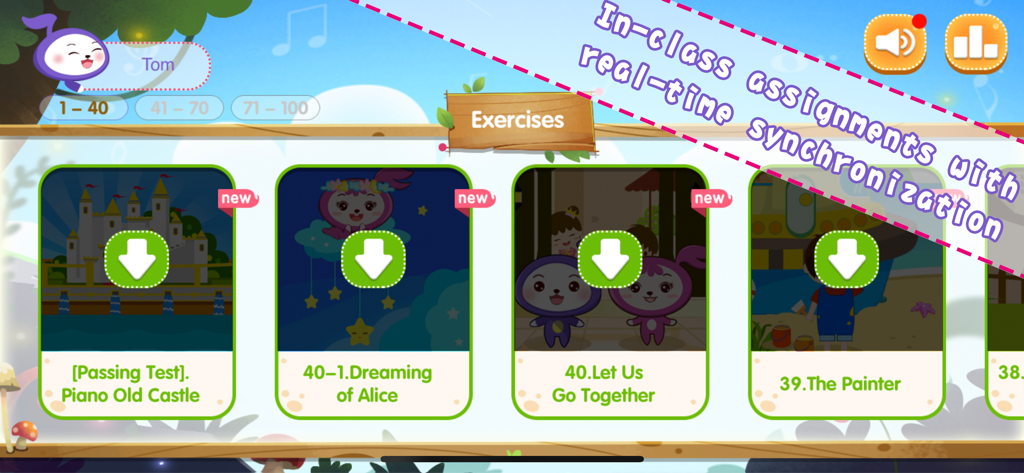 Oberfläche der The ONE Piano Sparring App, die synchronisierte Klavierübungen und Aufgaben für Kinder zeigt.