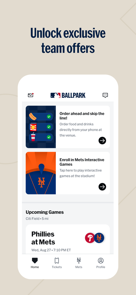 MLB Ballpark app screen displaying exclusive team offers, mobile food ordering options, and upcoming game information for the New York Mets.