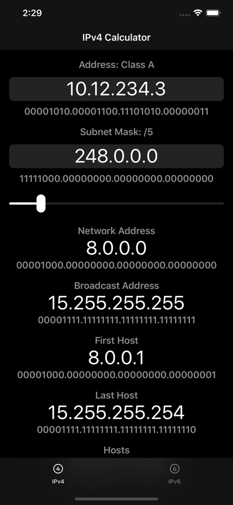 A mobile screenshot of Subnet 64 app calculating IPv4 address details including mask, network, and broadcast addresses with binary values