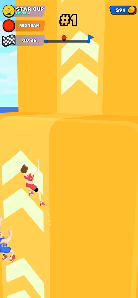 All Stars Challenge - Personagens em uma corrida multiplayer escalando uma parede vertical amarela com indicadores de seta.