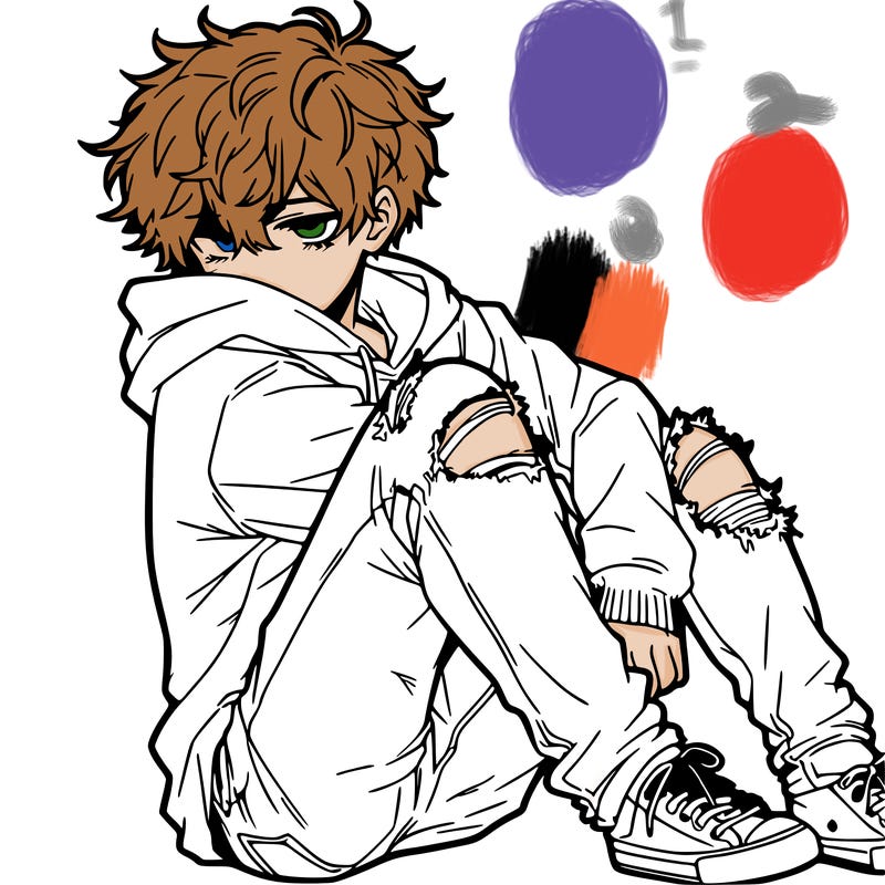 a male hoddie ripped jeans messy hair anime
