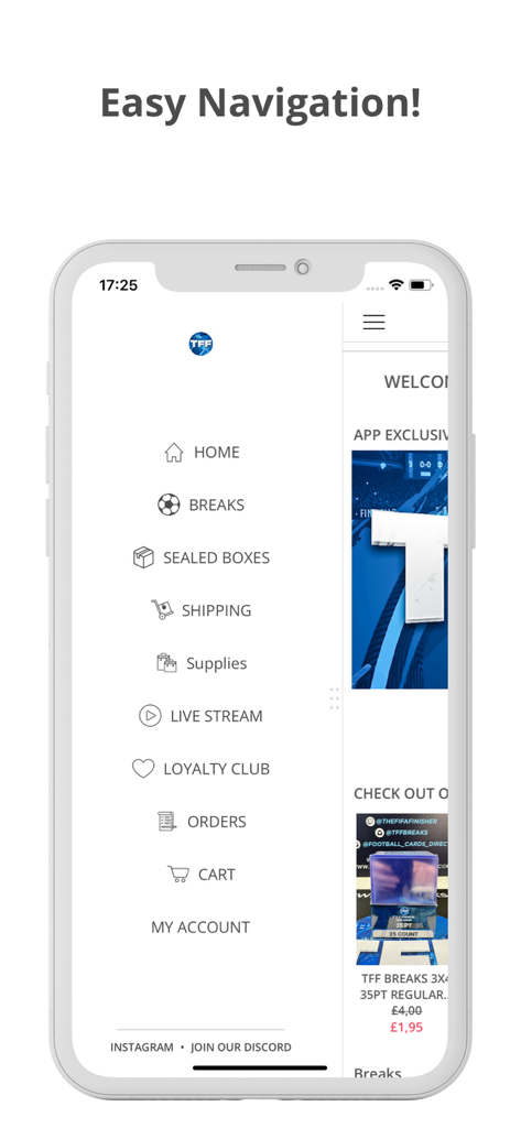 TFF Breaks - Mobile screen showing the TFF Breaks app navigation menu with links to breaks, sealed boxes, and live stream