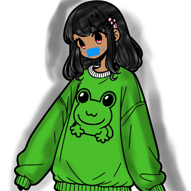 girl wearing frogging sweatshirt