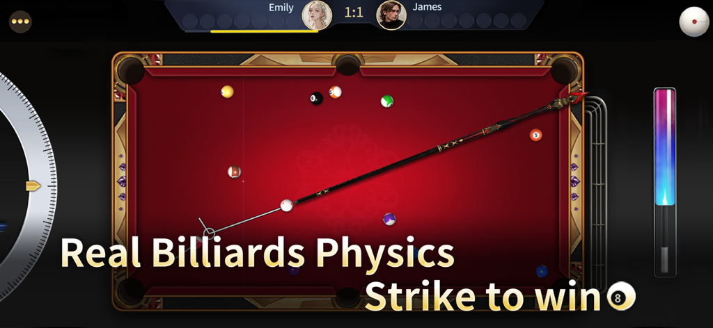 Billiards 8-Ball Pool Master ™ - Gameplay of Billiards 8 Ball Pool Master showing a red pool table and decorative cue stick