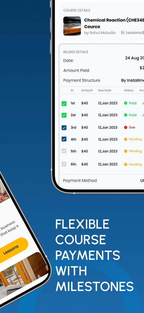Mobile app screen showing flexible course payment installments and milestones for an academic course.