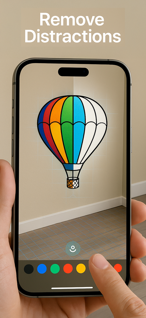 Quick Draw: AR Tracing - A smartphone using AR to project a colorful hot air balloon onto a room corner for tracing