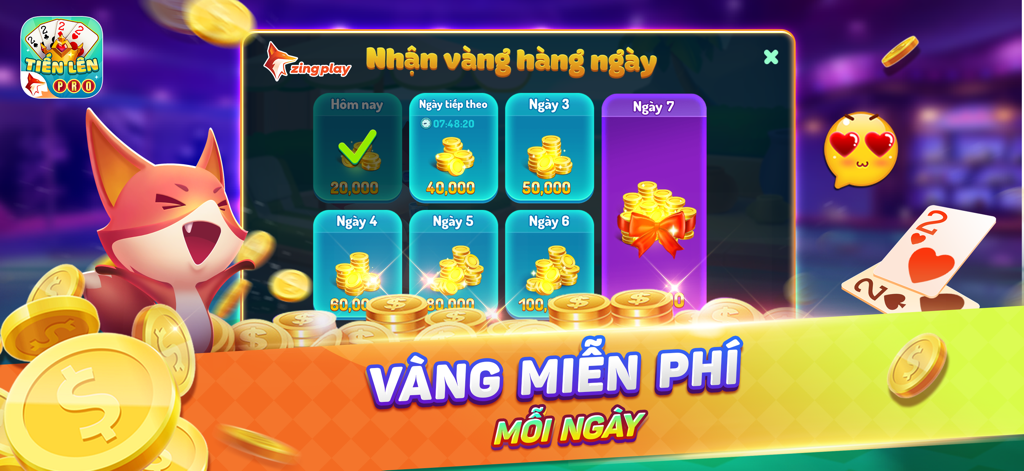 Tiến Lên Miền Nam Pro ZingPlay - Pantalla de recompensa de oro gratis diario con un calendario de inicio de sesión de siete días y una mascota zorro.