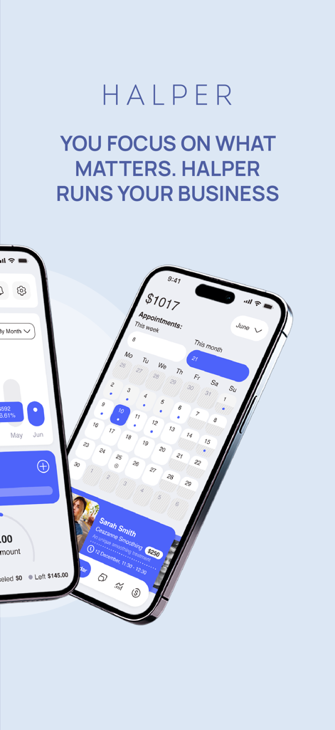 Halper - Halper mobile app displaying a monthly calendar with appointments and business revenue