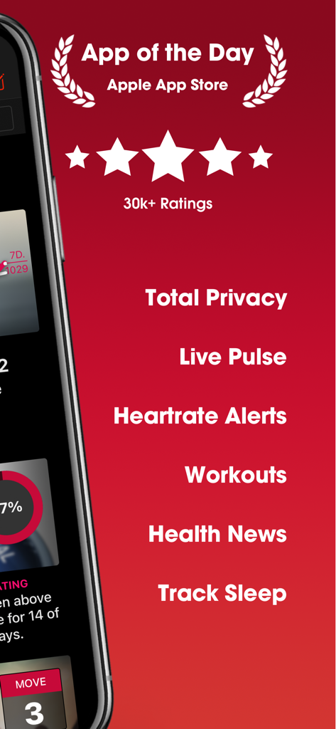HeartWatch app features list highlighting privacy, heartrate alerts, and workouts with Apple App Store App of the Day badge.