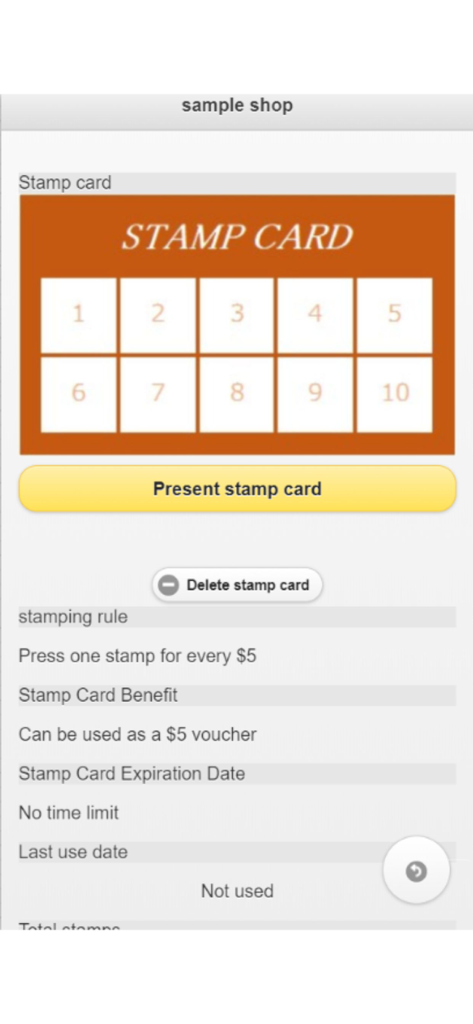 Staca - Interfaz de tarjeta de sellos de fidelidad digital en la aplicación Staca que muestra diez espacios para sellos y detalles de la recompensa